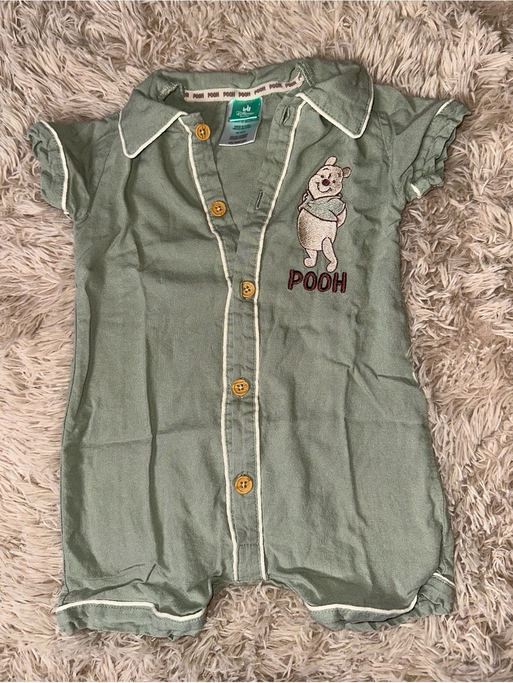 Disney Green Pooh Button-Front One-Piece Romper